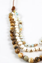 Load image into Gallery viewer, Amazonite, Freshwater Pearls and Picture Jasper Hand Knotted Short Necklace on Genuine Leather -Layers Collection- N4-006
