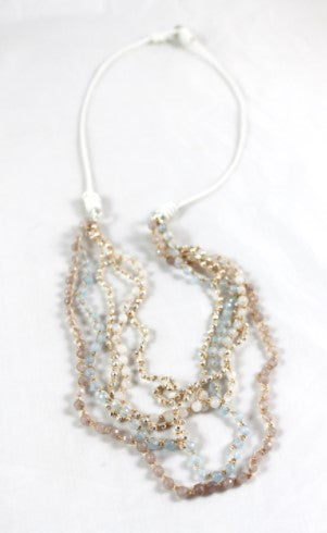 Pastel Semi Precious Stone Mix Hand Knotted Long Necklace on Genuine Leather -Layers Collection- N5-045