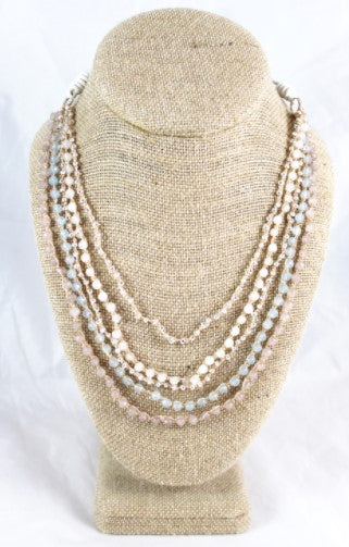 Pastel Semi Precious Stone Mix Hand Knotted Long Necklace on Genuine Leather -Layers Collection- N5-045