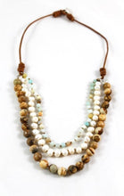 Load image into Gallery viewer, Amazonite, Freshwater Pearls and Picture Jasper Hand Knotted Short Necklace on Genuine Leather -Layers Collection- N4-006
