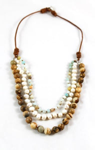 Amazonite, Freshwater Pearls and Picture Jasper Hand Knotted Short Necklace on Genuine Leather -Layers Collection- N4-006
