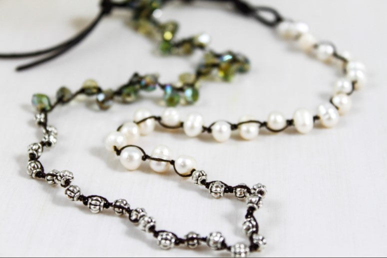 Hand Knotted Convertible Crochet Bracelet, Necklace, or Headband, Freshwater Pearls and Crystals - WR-096