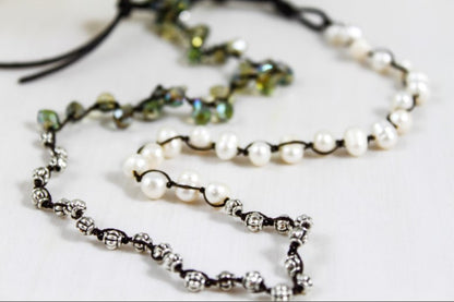 Hand Knotted Convertible Crochet Bracelet, Necklace, or Headband, Freshwater Pearls and Crystals - WR-096