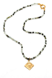 Faceted Prehnite Short Necklace with French Gold Religious Medal -French Medals Collection- N6-004