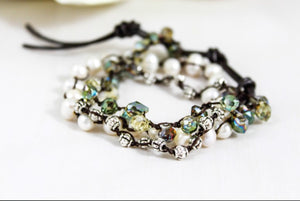 Hand Knotted Convertible Crochet Bracelet, Necklace, or Headband, Freshwater Pearls and Crystals - WR-096