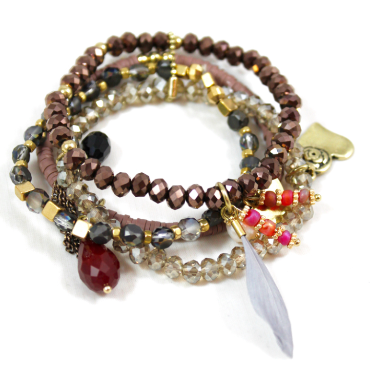 Earth Pastels with Feather Stretch Stack Bracelet -The Classics Collection- B1-808