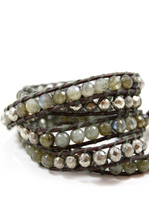 Load image into Gallery viewer, Escargot - Labradorite and Pyrite Leather Wrap Bracelet

