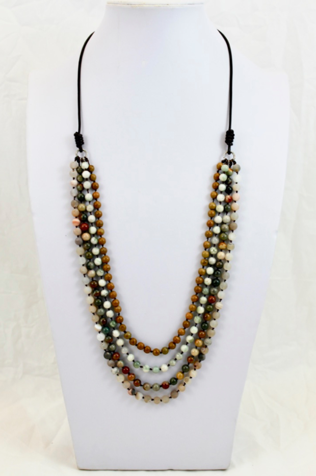 Large Semi Precious Stone Hand Knotted Long Necklace on Genuine Leather -Layers Collection- NLL-M40