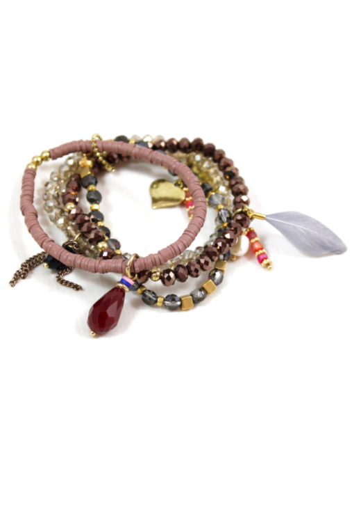 Earth Pastels with Feather Stretch Stack Bracelet -The Classics Collection- B1-808