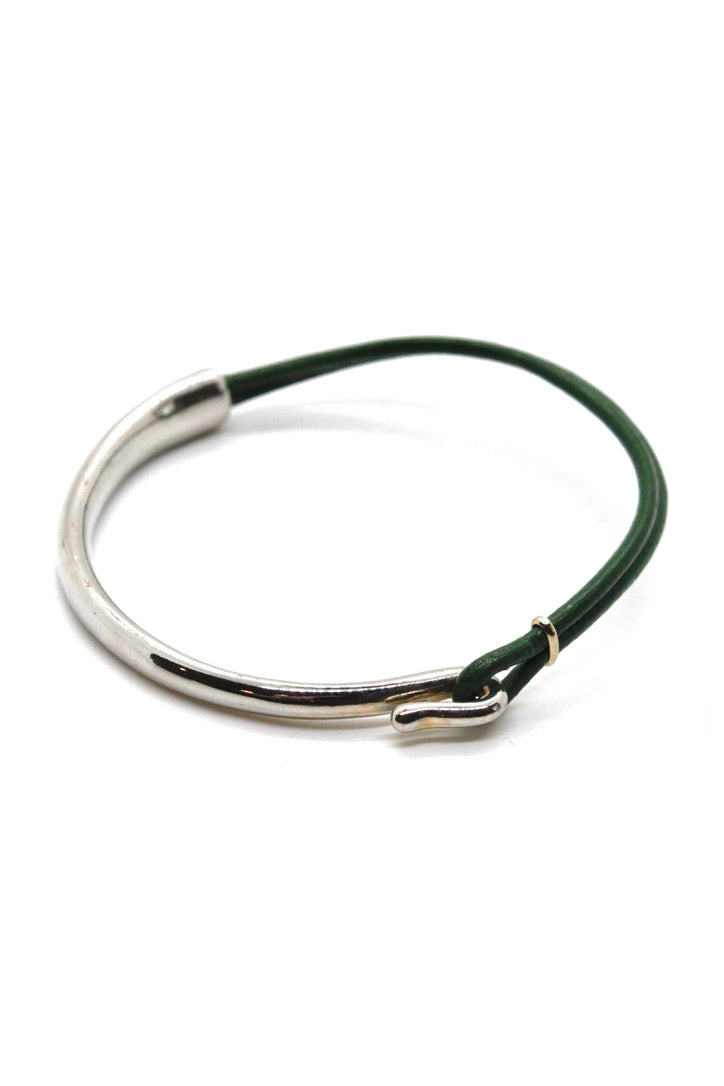 Dark Green Leather + Sterling Silver Plate Bangle Bracelet