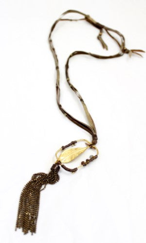 Long Leather Necklace with Tassel and Gold Charm -The Classics Collection- N2-953