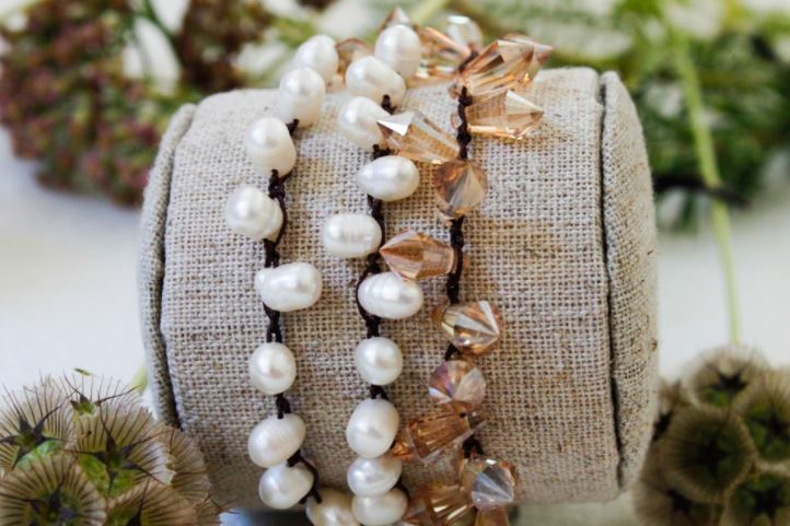 Hand Knotted Convertible Crochet Bracelet, Necklace, or Headband, Crystals and Semi Precious Stones - WR-026