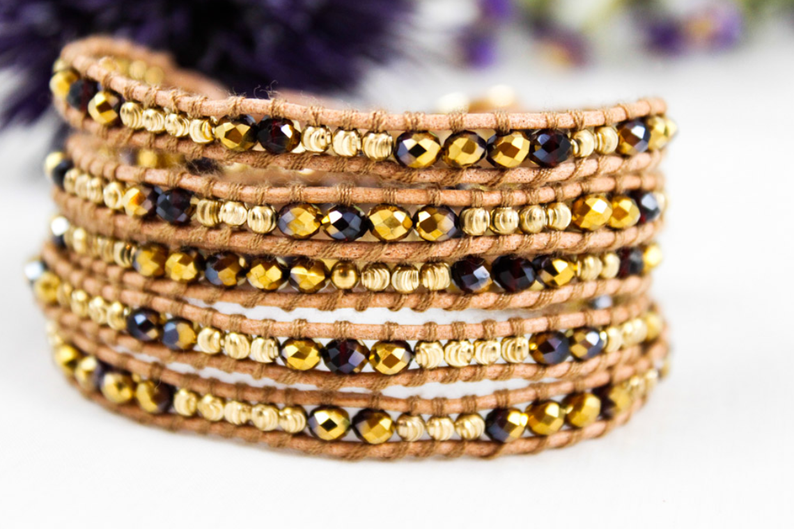 Holiday - Gold and Deep Red Leather Wrap Bracelet
