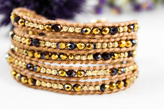Holiday - Gold and Deep Red Leather Wrap Bracelet