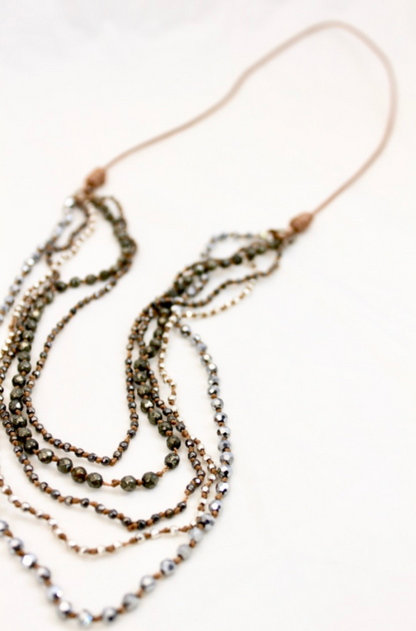 Pyrite Metal and Crystal Mix Hand Knotted Long Necklace on Genuine Leather -Layers Collection- NLL-Precious