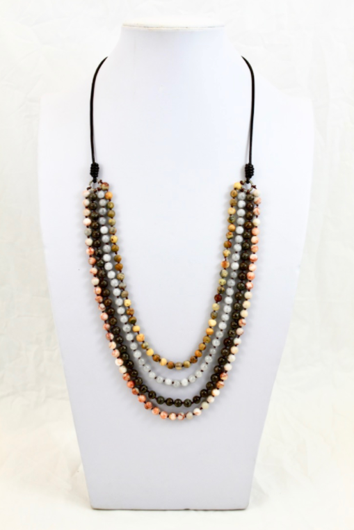 Large Semi Precious Stone Hand Knotted Long Necklace on Genuine Leather -Layers Collection- NLL-M46