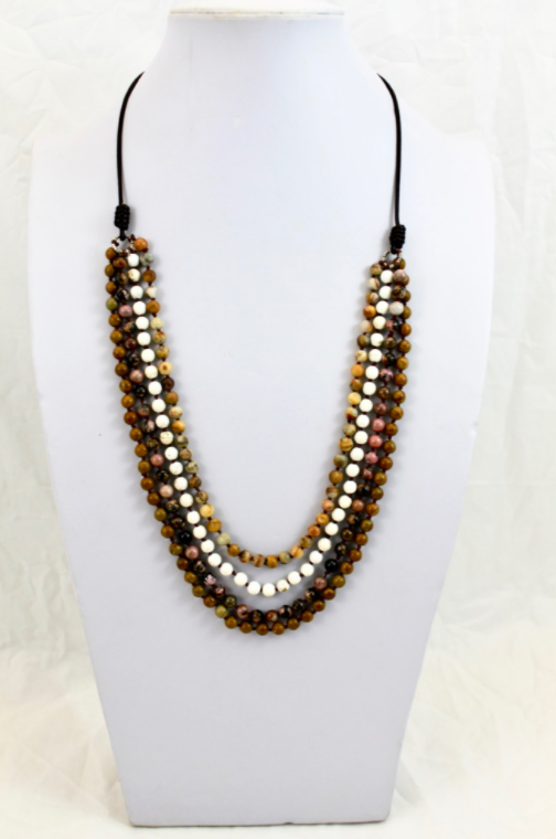 Large Semi Precious Stone Hand Knotted Long Necklace on Genuine Leather -Layers Collection- NLL-M51