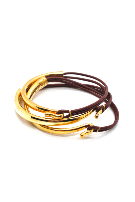 Wine Leather + 24K Gold Plate Bangle Bracelet