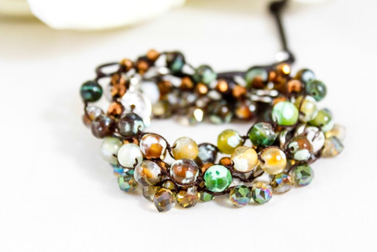 Hand Knotted Convertible Crochet Bracelet or Necklace, Crystals and Stones Mix - WR-097