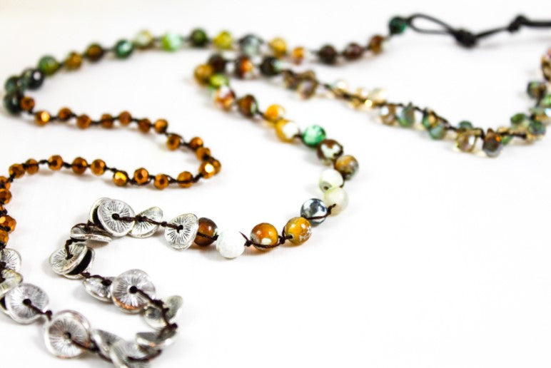 Hand Knotted Convertible Crochet Bracelet or Necklace, Crystals and Stones Mix - WR-097