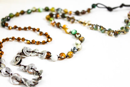 Hand Knotted Convertible Crochet Bracelet or Necklace, Crystals and Stones Mix - WR-097