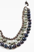 Load image into Gallery viewer, Matte Crystals, Labradorite, Pyrite and Freshwater Pearls Hand Knotted Short Necklace on Genuine Leather -Layers Collection- N4-009
