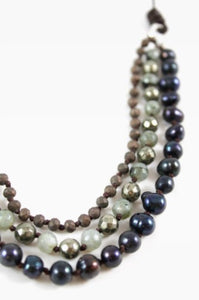 Matte Crystals, Labradorite, Pyrite and Freshwater Pearls Hand Knotted Short Necklace on Genuine Leather -Layers Collection- N4-009