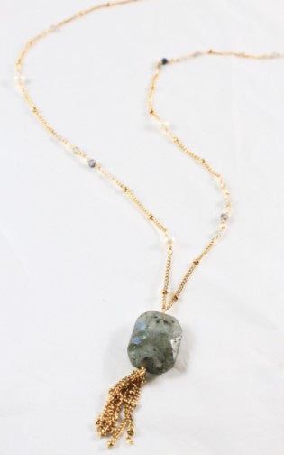 Long Delicate 24K Gold Plate Necklace with Labradorite Chunk -French Flair Collection- N2-968