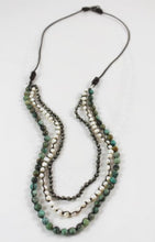 Load image into Gallery viewer, Pyrite, Freshwater Pearls and African Turquoise Hand Knotted Long Necklace on Genuine Leather -Layers Collection- N5-018
