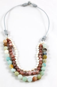 Howlite, Rhodonite and Amazonite Hand Knotted Short Necklace on Genuine Leather -Layers Collection- N4-008