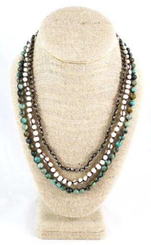 Pyrite, Freshwater Pearls and African Turquoise Hand Knotted Long Necklace on Genuine Leather -Layers Collection- N5-018