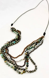 Matte Crystal, African Turquoise, Amazonite and Pyrite Hand Knotted Long Necklace on Genuine Leather -Layers Collection- N5-046