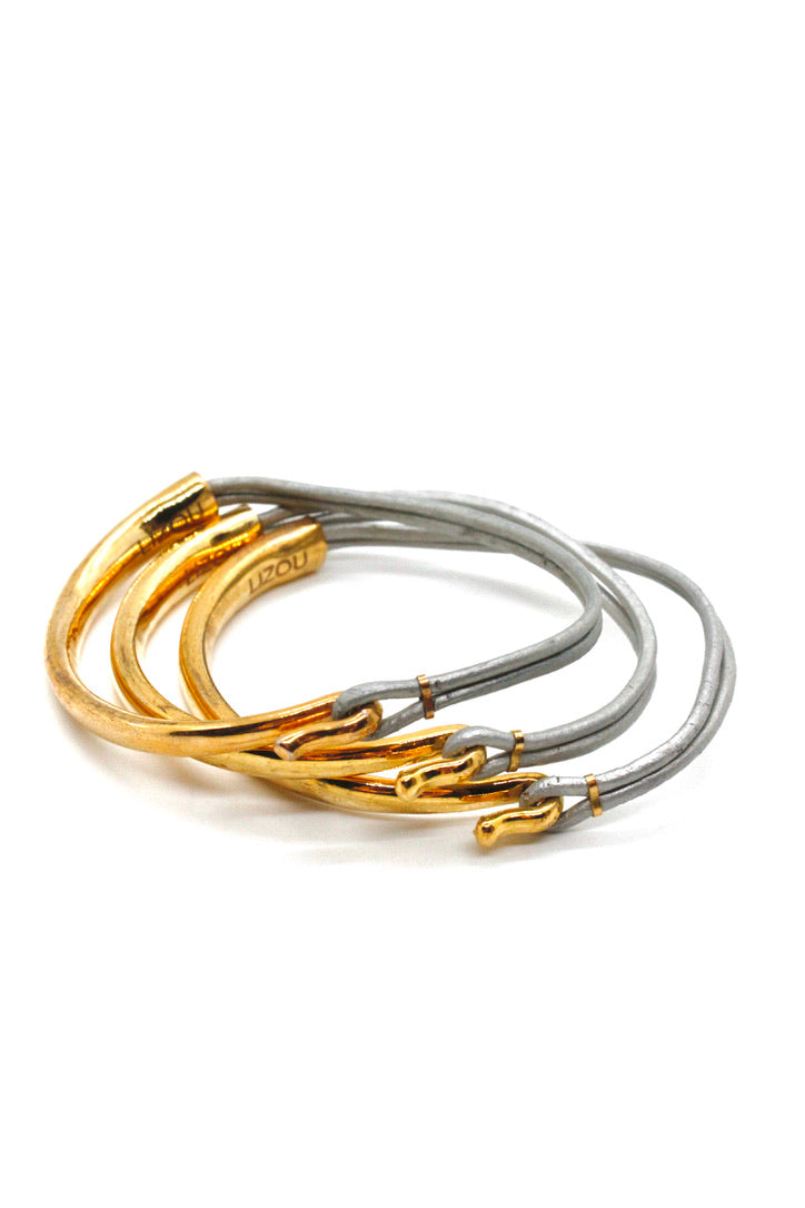 Silver Leather + 24K Gold Plate Bangle Bracelet