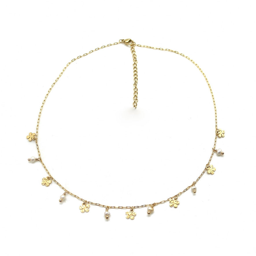 Mini Flowers and Pearls on Dainty Chain Necklace -French Flair Collection-  N2-2137