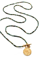 Load image into Gallery viewer, Faceted Long African Turquoise Necklace with Reversible Gold French Religious Charm -French Medals Collection- N6-024
