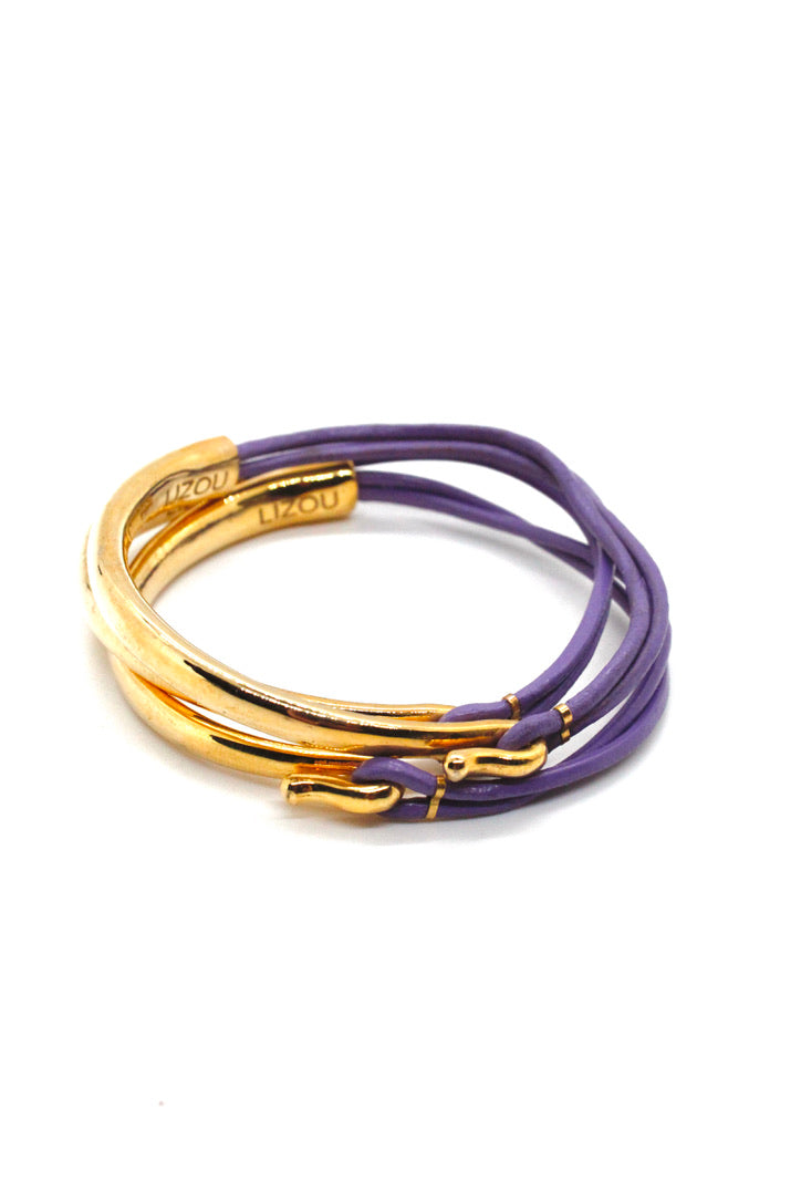 Mauve Leather + 24K Gold Plate Bangle Bracelet