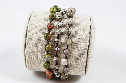 Hand Knotted Convertible Crochet Bracelet, Necklace, or Headband, Semi Precious Stone Mix - WR-043