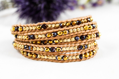 Holiday - Gold and Deep Red Leather Wrap Bracelet
