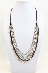 Freshwater Pearl Mix Hand Knotted Long Necklace on Genuine Leather -Layers Collection- NLL-Chicory