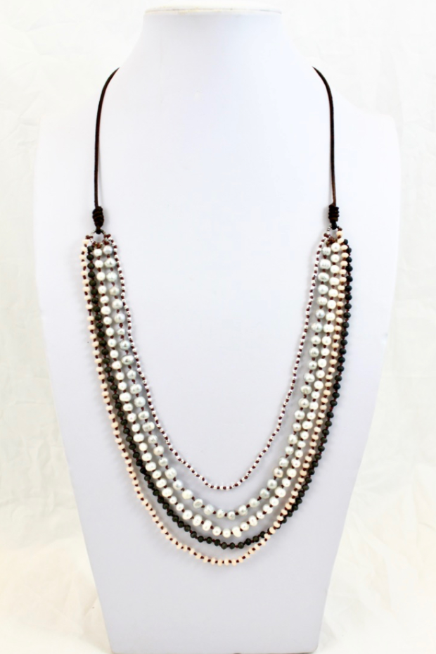 Freshwater Pearl Mix Hand Knotted Long Necklace on Genuine Leather -Layers Collection- NLL-Chicory