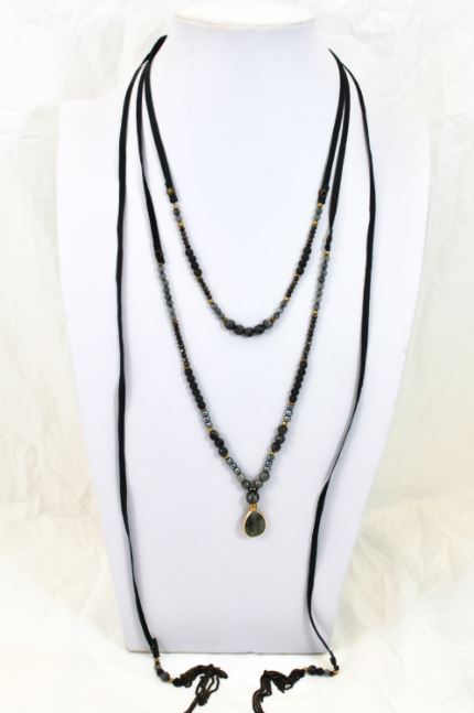 Multi Layer Stone and Leather Long Necklace -The Classics Collection- N2-898