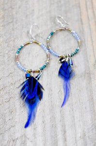 Beaded Hoop Earrings with Feather - E011-B