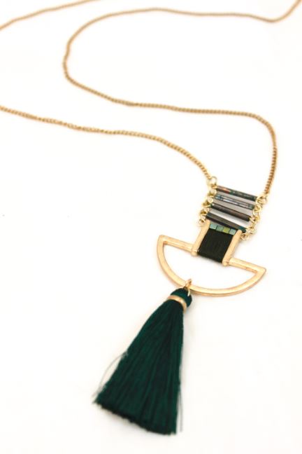 Green Tassel Beaded Charm Long Chain Necklace -The Classics Collection- N2-905