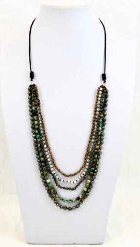 Matte Crystal, African Turquoise, Amazonite and Pyrite Hand Knotted Long Necklace on Genuine Leather -Layers Collection- N5-046