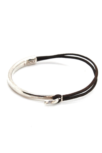 Natural Dark Brown Leather + Sterling Silver Plate Bangle Bracelet