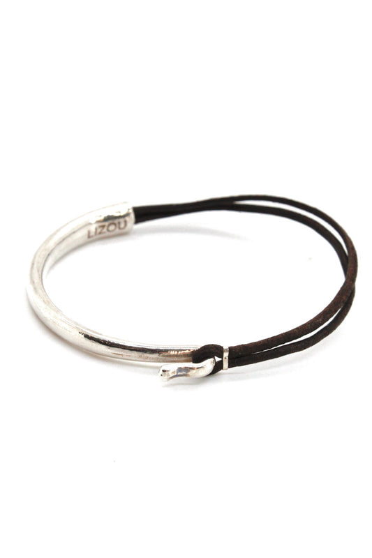 Natural Dark Brown Leather + Sterling Silver Plate Bangle Bracelet