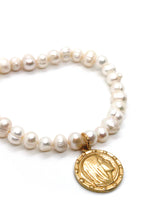 Load image into Gallery viewer, Freshwater Pearl Bracelet With Gold French Religious Medal Charm -French Medals Collection- B6-011
