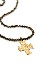 Load image into Gallery viewer, Faceted Pyrite Short Necklace with Cross Heart French Religious Charm -French Medals Collection- N6-009
