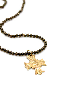 Faceted Pyrite Short Necklace with Cross Heart French Religious Charm -French Medals Collection- N6-009