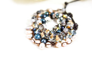 Hand Knotted Convertible Crochet Bracelet or Necklace, Crystals and Stones Mix - WR-098